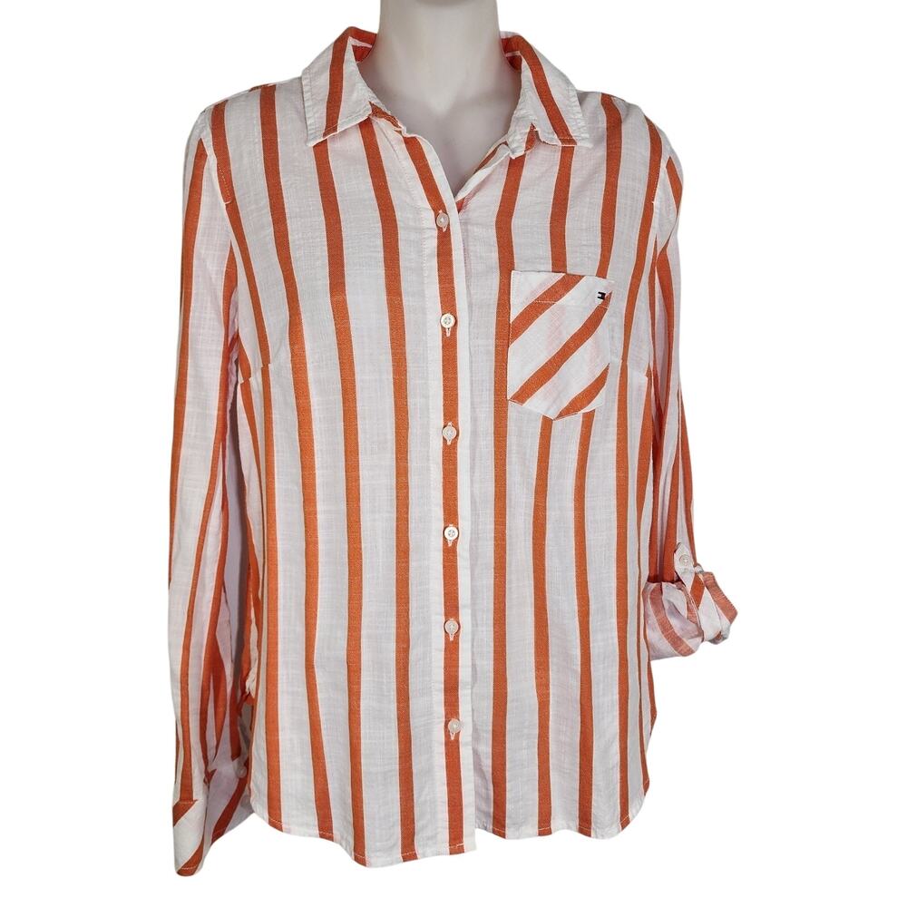 Tommy Hilfiger Women's Cotton Striped Long Roll Tab Shirt XS Button Orange White